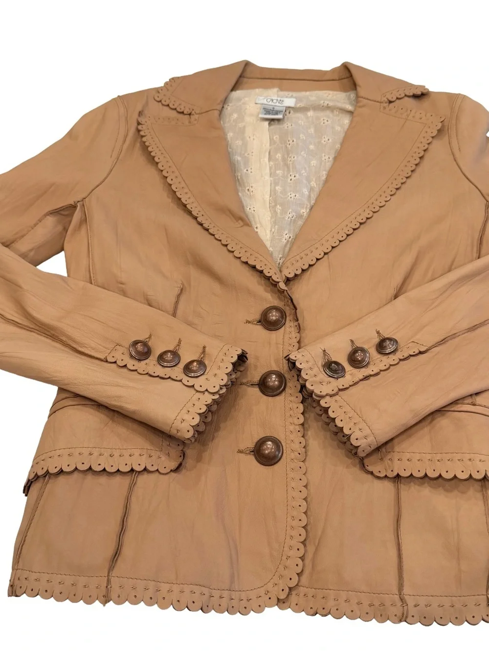 CACHE COUTURE BEAUTIFUL CAMEL TEXTURED WESTERN FLAIR LAMB LEATHER JACKET sz 0